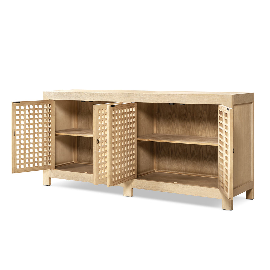 Alden 34-Inch Tall Reclaimed Pine Lattice 4-Door Cabinet, Brushed White