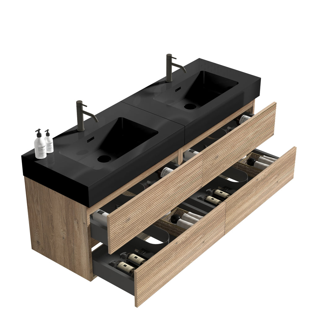 Grace 60-Inch Double Drawer Wall-Mount Bathroom Vanity, Black Oak with Solid Surface Sink