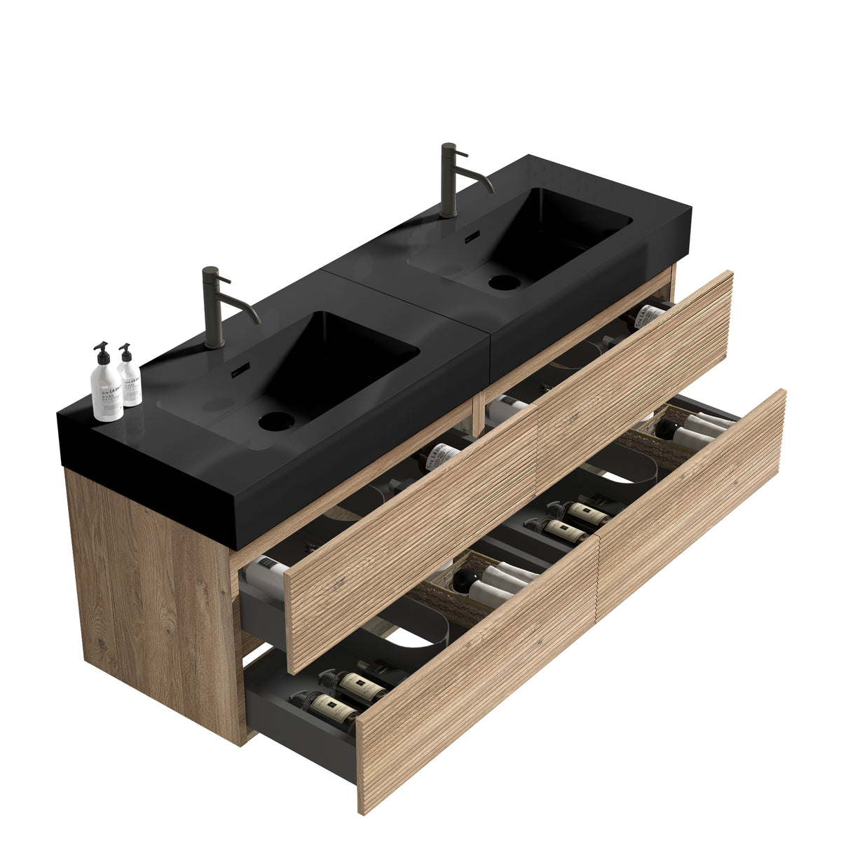 Grace 60-Inch Double Drawer Wall-Mount Bathroom Vanity, Black Oak with Solid Surface Sink