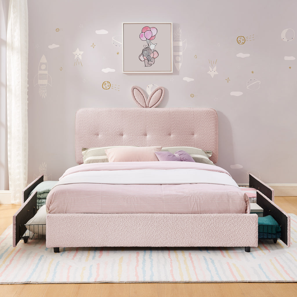 Full Size Kids Upholstered Bed with Oversized Rabbit Ear Headboard