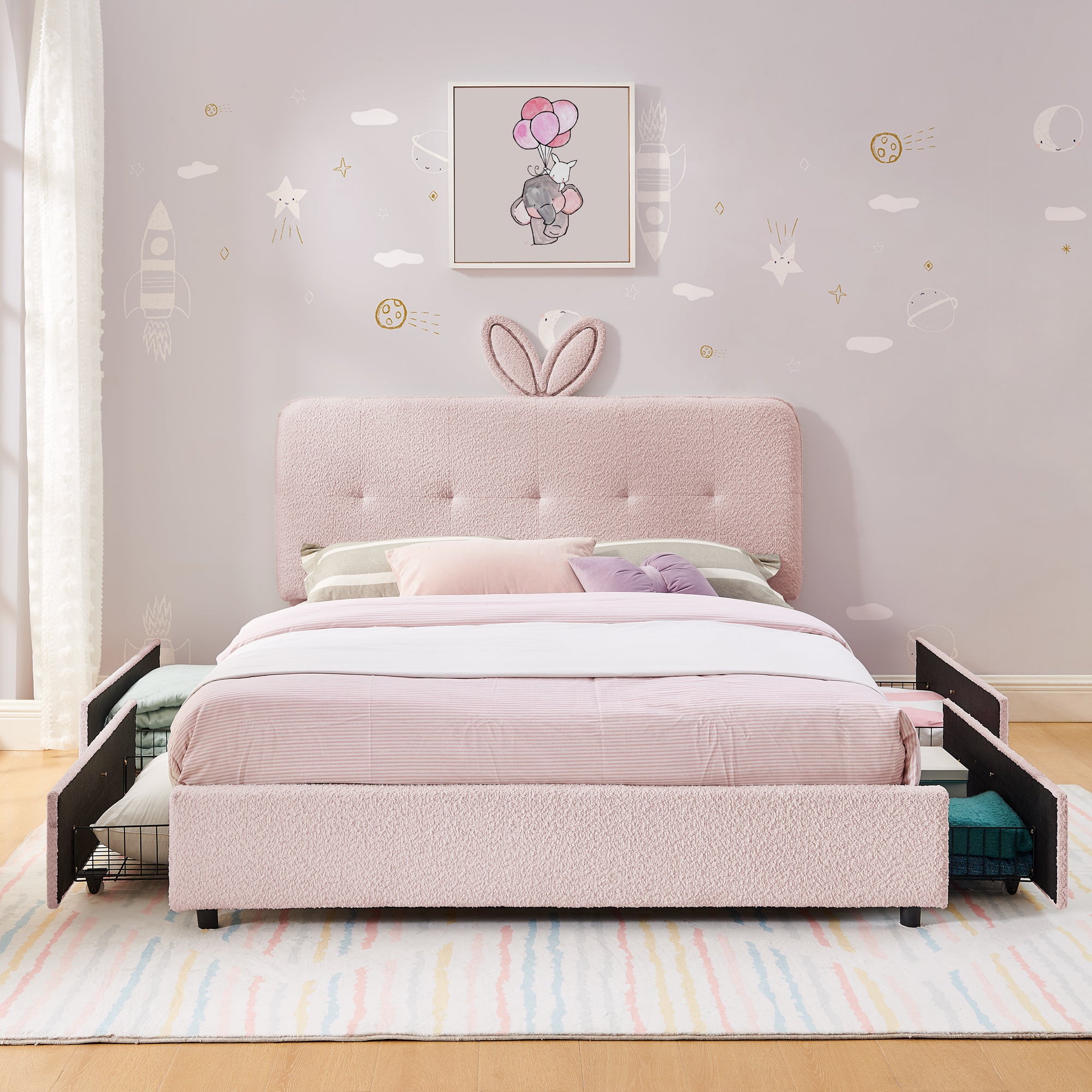 Full Size Kids Upholstered Bed with Oversized Rabbit Ear Headboard