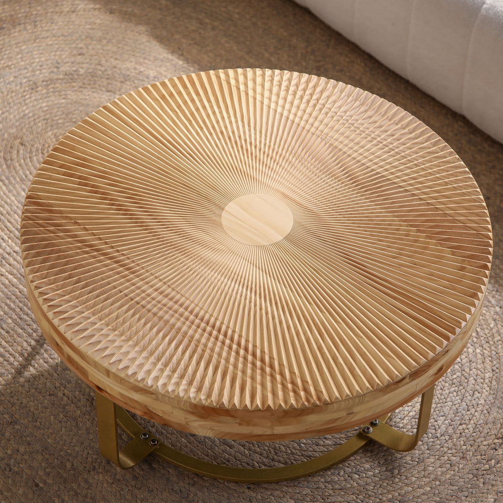 Modern Round Coffee Table with Wooden Carving Pattern