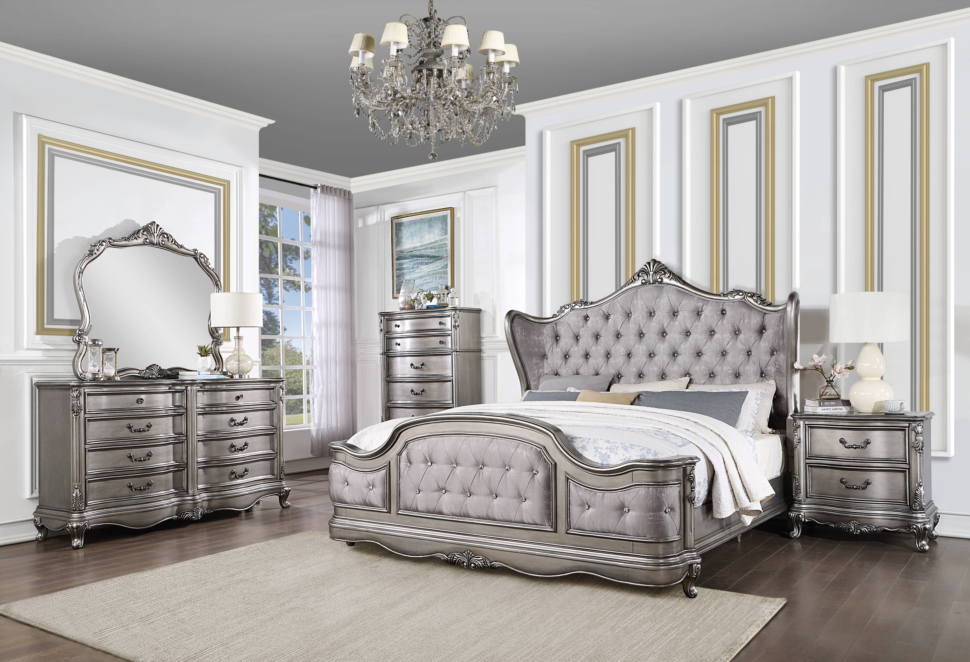 Ariadne Velvet & Antique Platinum Finish Eastern King Bed