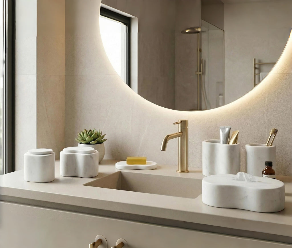White Natural Marble Bathroom Accessories Set, 6-Piece