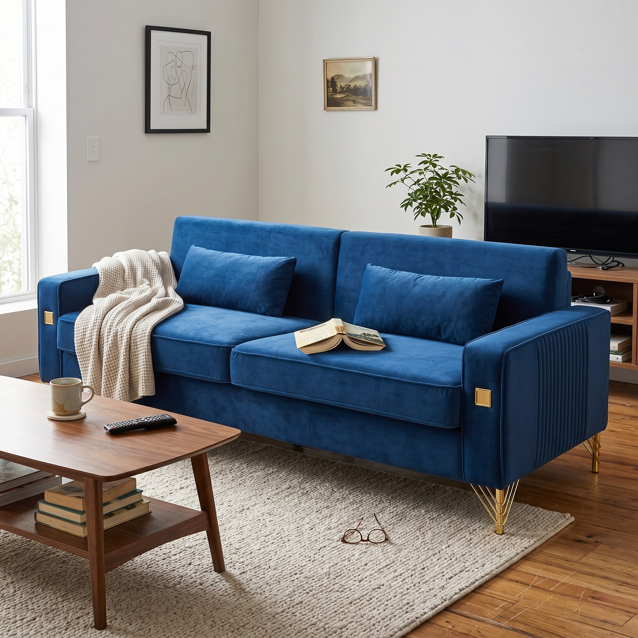 Luxury Velvet Sofa with Gold Metal Accents