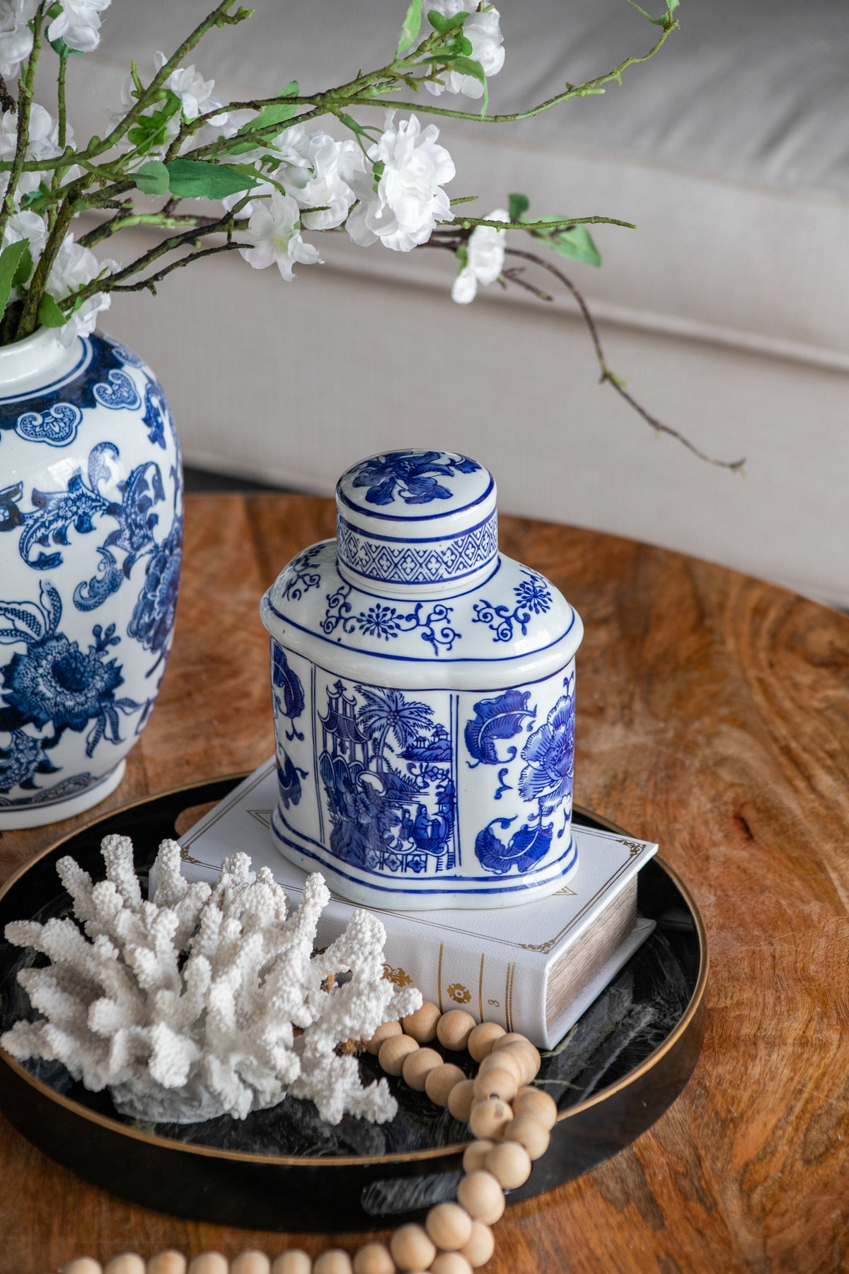 Ren Blue and White Porcelain Oval Jar with Lid, 6.2-Inch