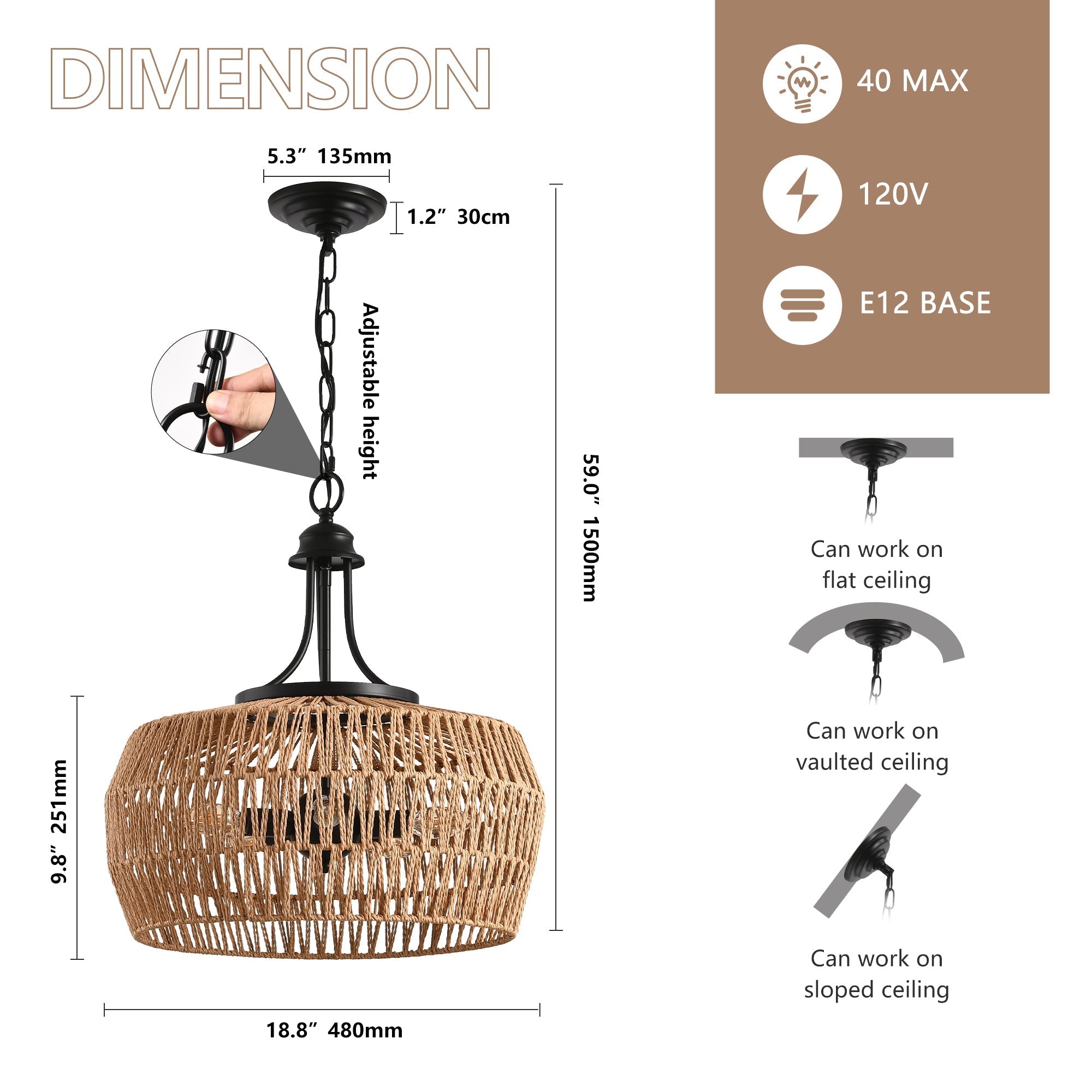 19' Boho Hemp Rope Pendant Light, Hand-Woven Jute Hanging Lamp