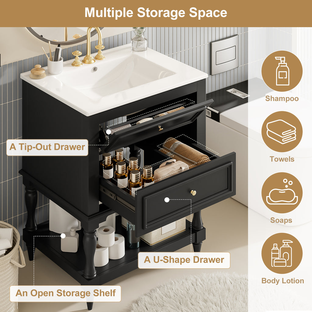 24-Inch Bathroom Vanity with Ceramic Sink, Retro Design, Black
