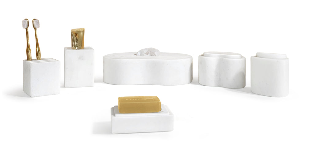 White Natural Marble 6-Piece Bathroom Accessories Set, Honed Finish