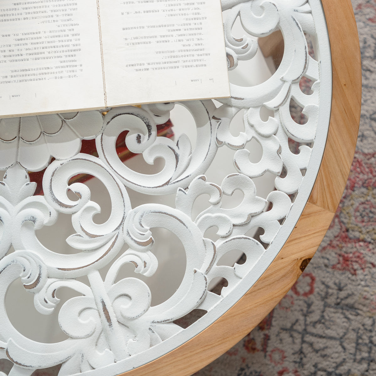31.5-Inch Round Coffee Table with Open Storage, Solid Wood, Farmhouse Style, Antique White