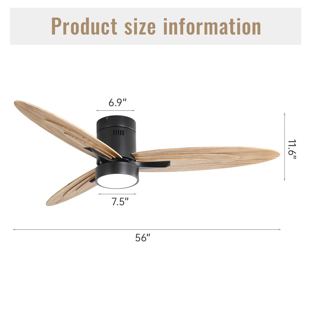 56 Inch Modern Design Flush Mount Ceiling Fan with Light and Remote Control