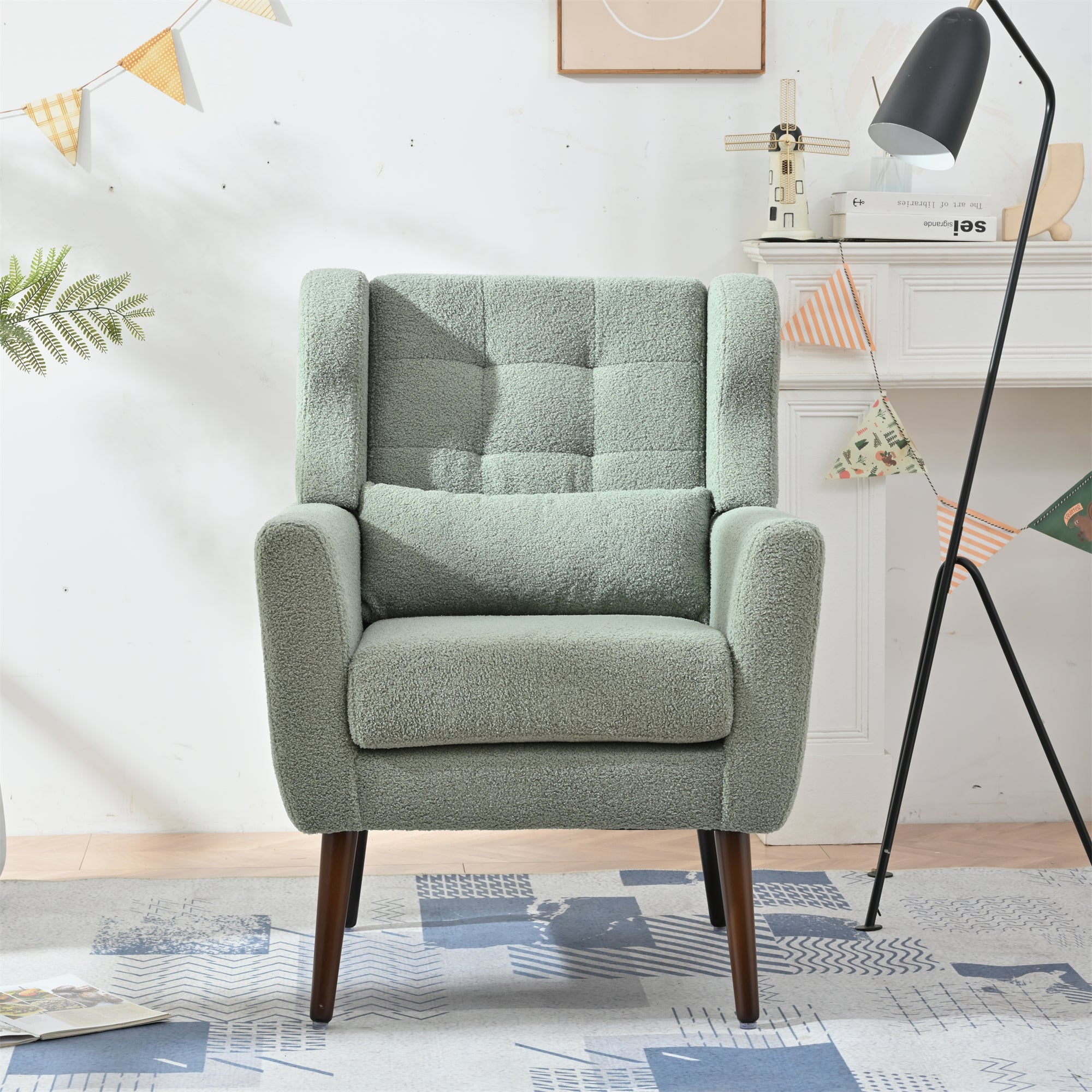 Modern Accent Chair in Light Green Teddy Fabric
