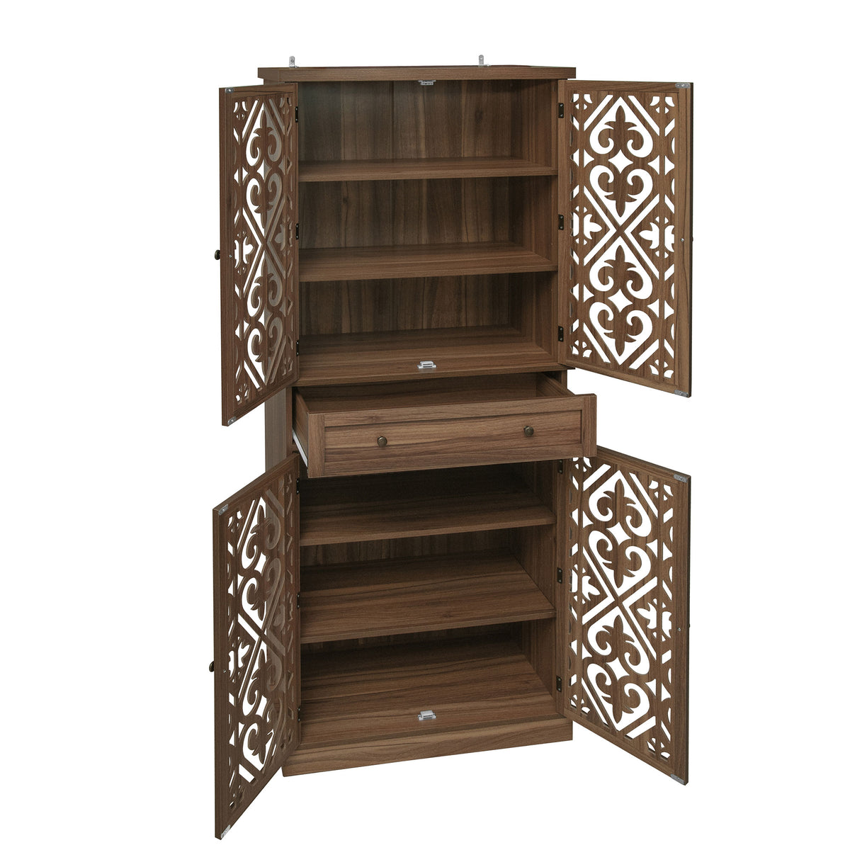 Carved Wooden Storage Cabinet, 4 Doors 1 Drawer, 72-Inch Tall, Walnut
