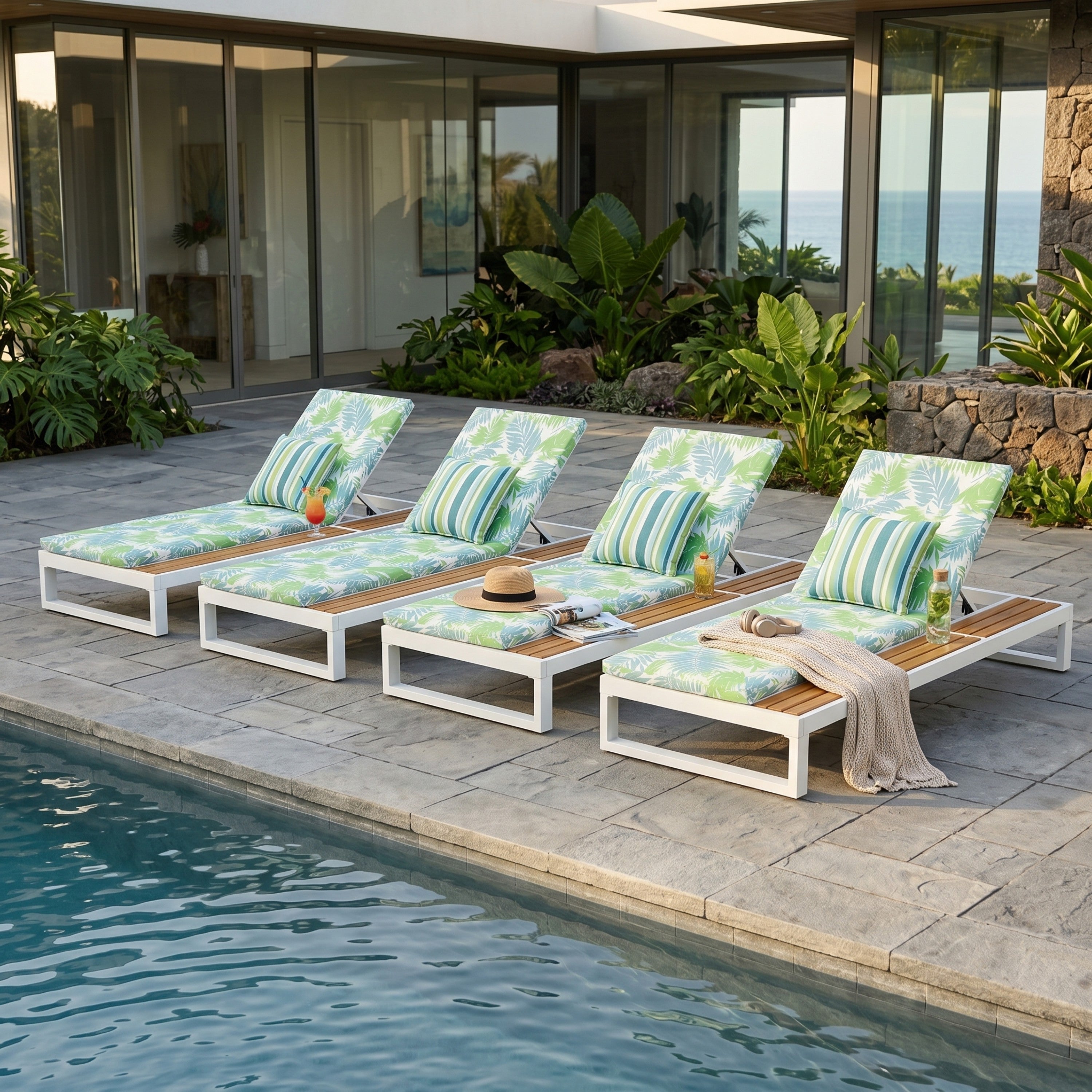 White Iron & Teak Finish Chaise Lounge Set