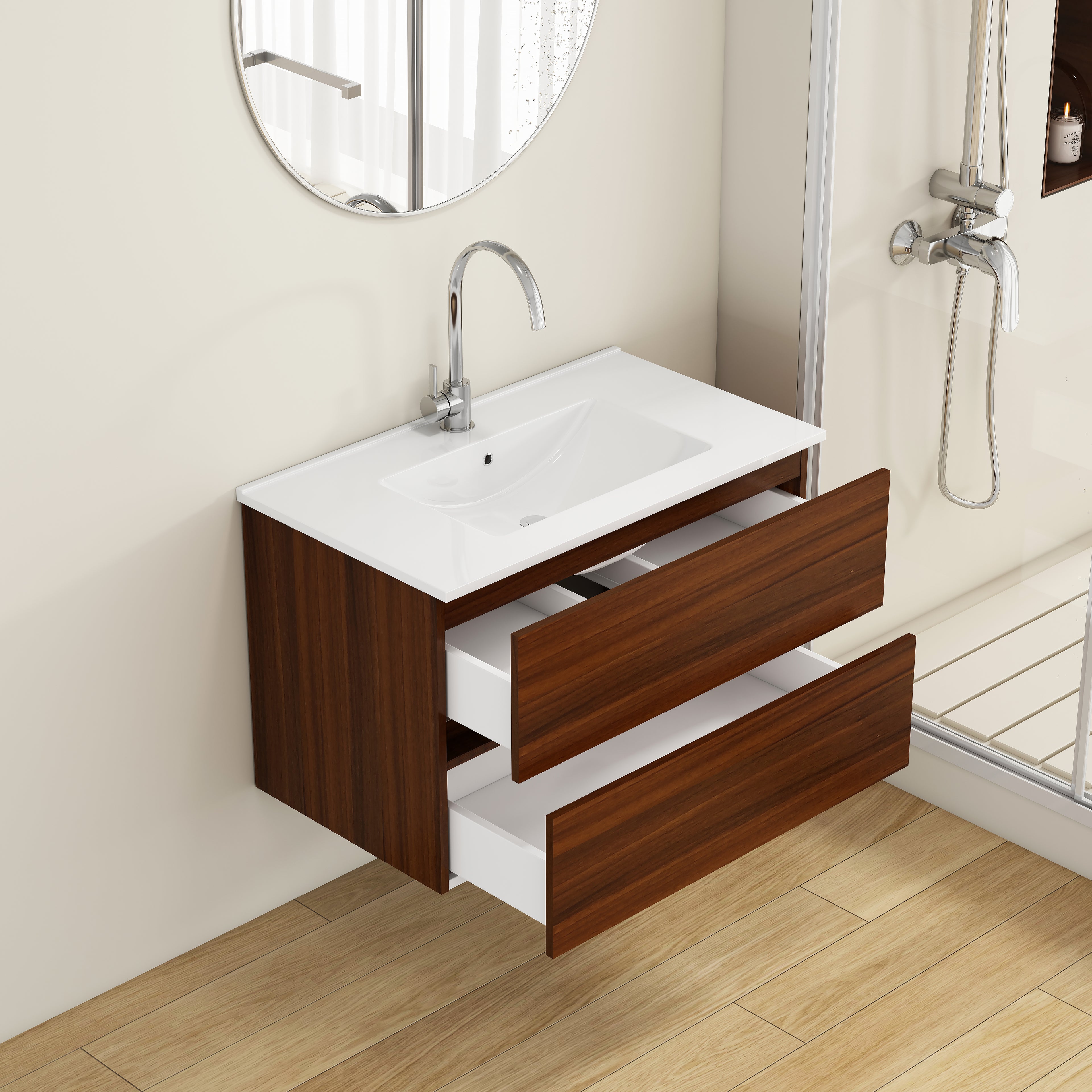 32-Inch Wall-Mounted Bathroom Vanity with Double Drawers