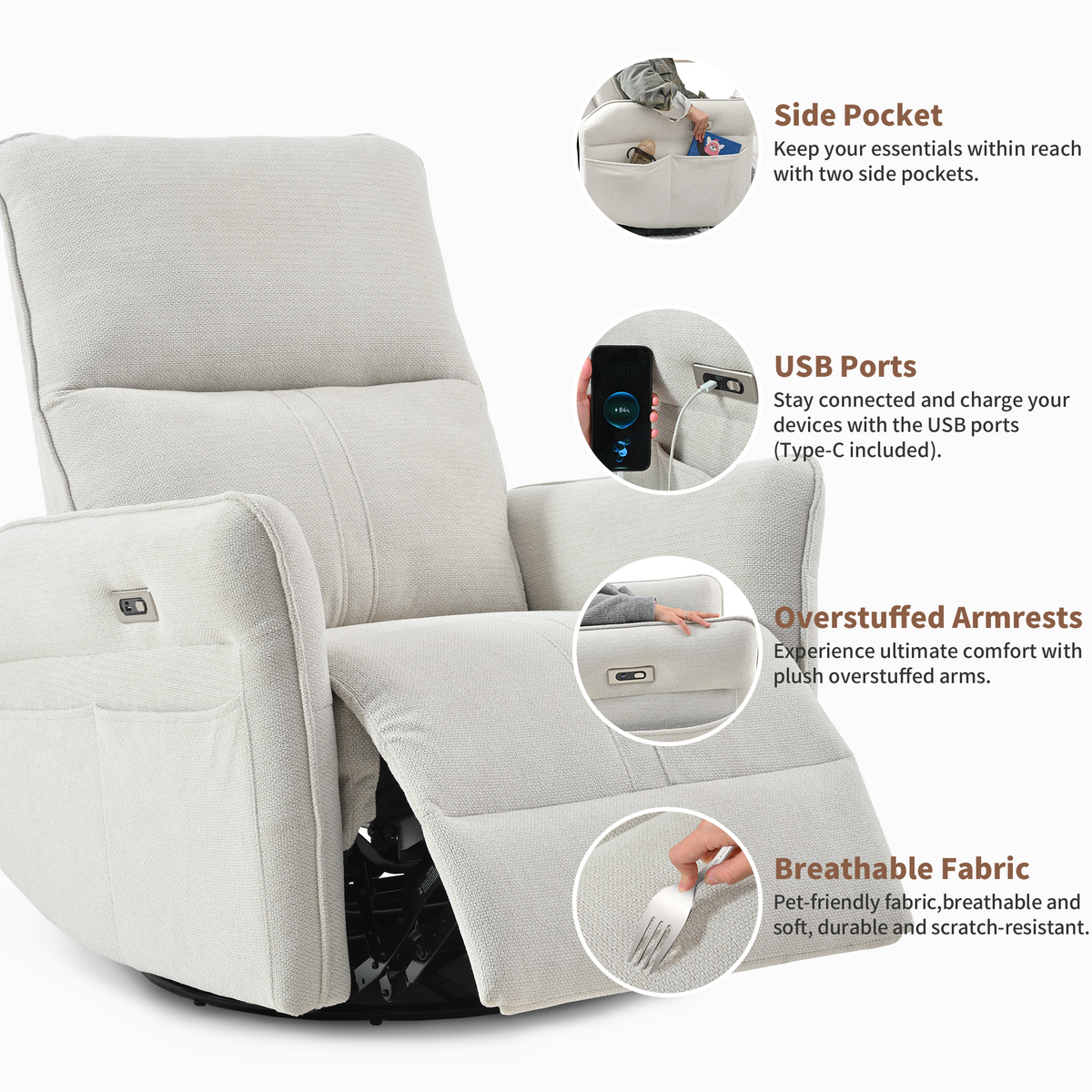 270° Power Swivel Rocker Recliner Chair