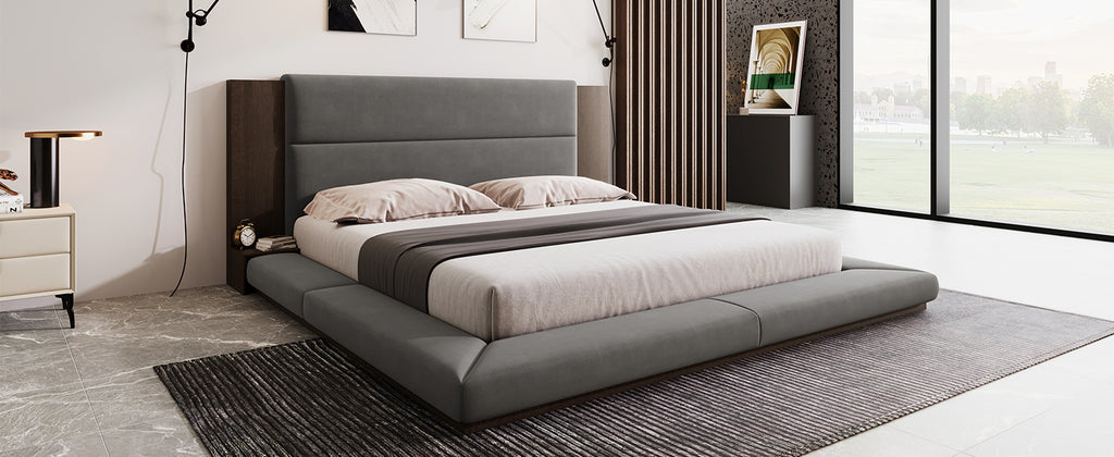Floor Upholstered Platform Bed with Extended Wood Headboard
