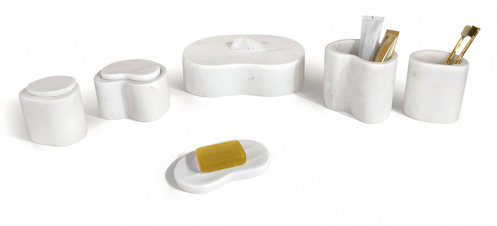 White Natural Marble Bathroom Accessories Set, 6-Piece