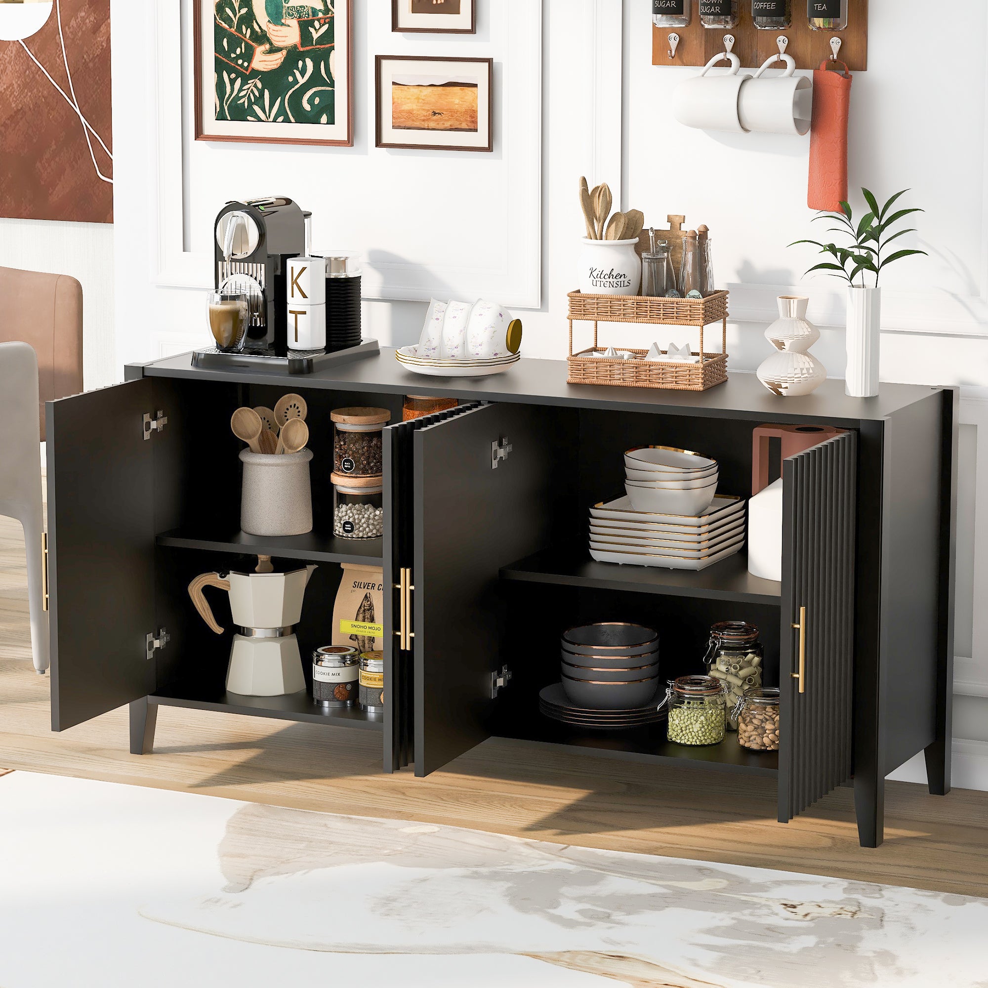 U_Style 61.1'' Modern 4-Vertical Wavy Slatted Doors Sideboard