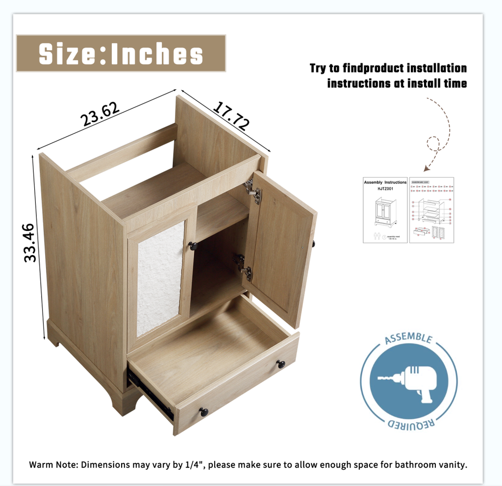 Wooden Bathroom Vanity Sink Base Cabinet - 24" Width