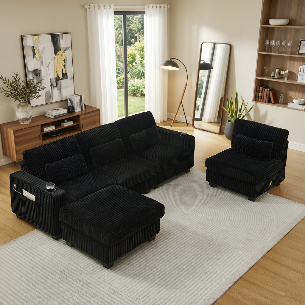 L-Shaped Corduroy Modular Sectional Sofa with Detachable Footrest