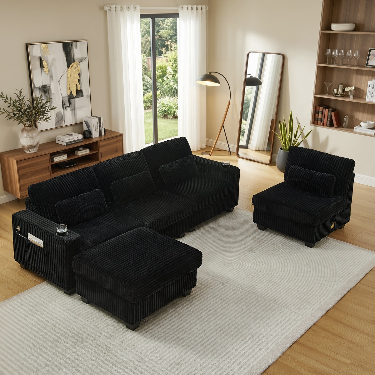 L-Shaped Corduroy Modular Sectional Sofa with Detachable Footrest