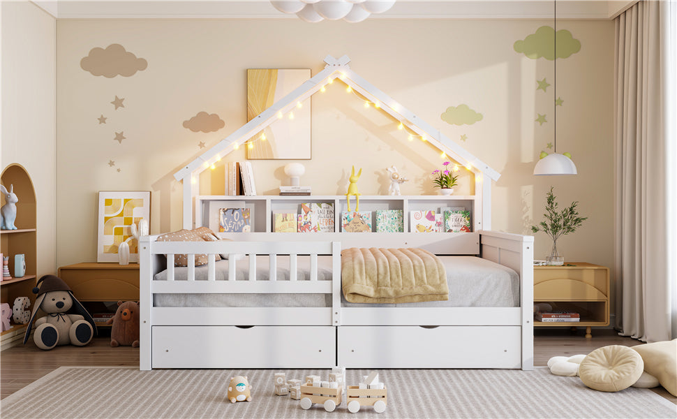 Wood Full Size House Platform Bed with LED, Storage Shelves, Drawers and Guardrail