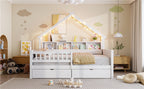 Wood Full Size House Platform Bed with LED, Storage Shelves, Drawers and Guardrail