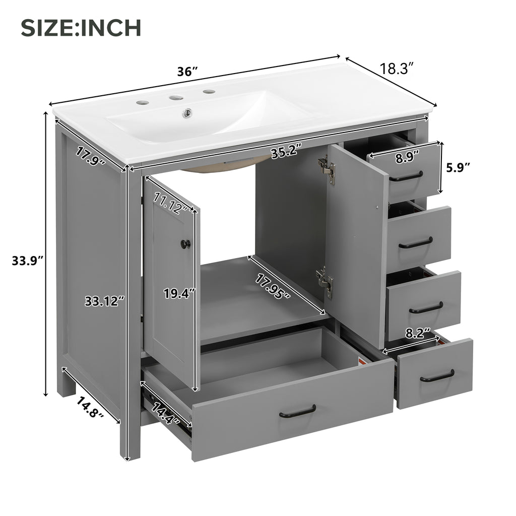 36" Gray Bathroom Vanity with Ceramic Sink