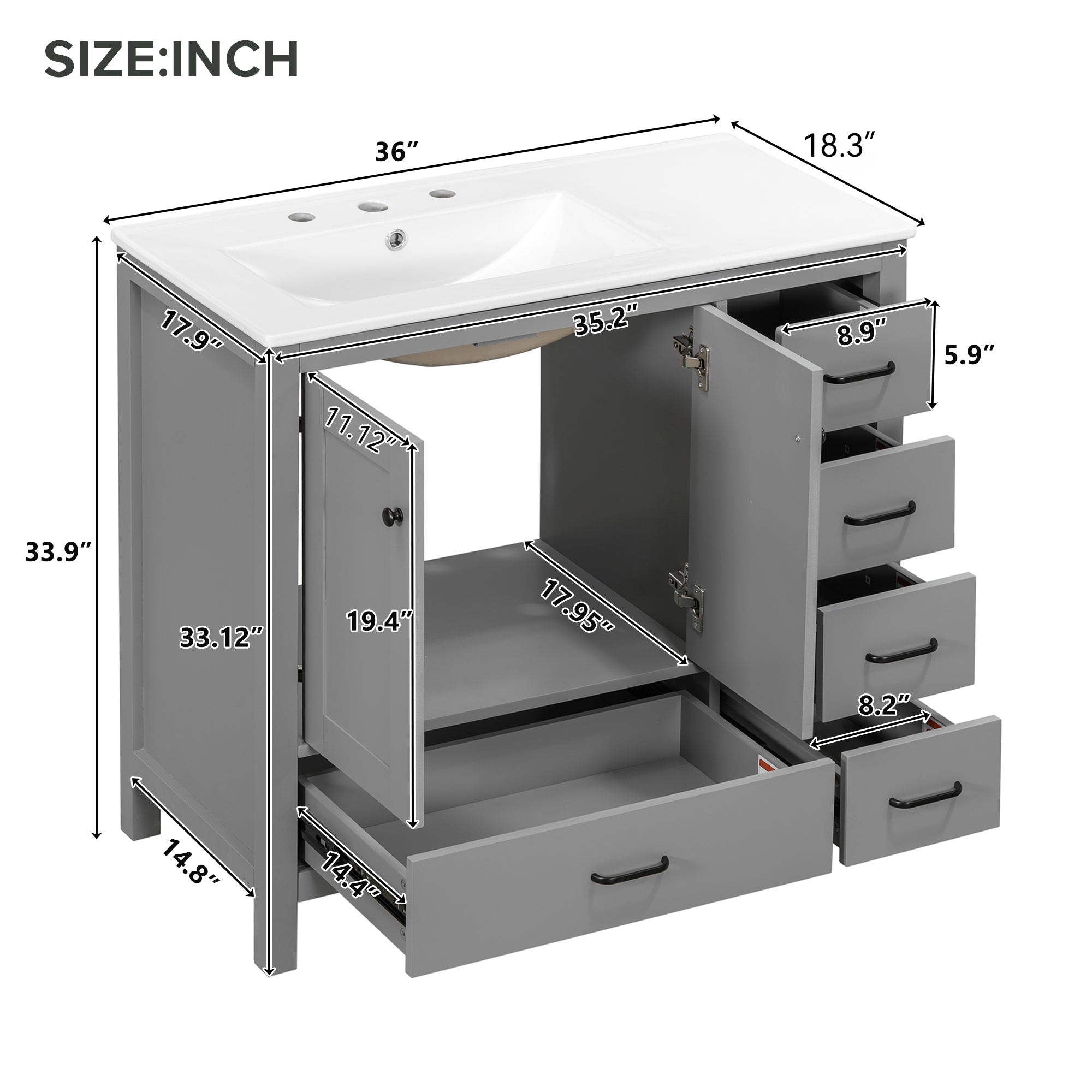 36" Gray Bathroom Vanity with Ceramic Sink