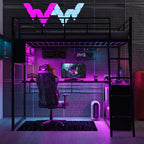 Full Size Metal Loft Bed With LED, Desk And 4 Storage Shelves