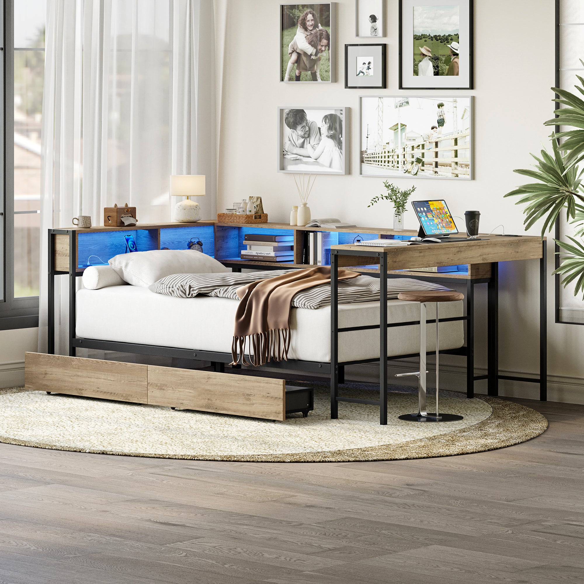 Corner Bed Frame Twin Size with Bookcase and Storage Drawers