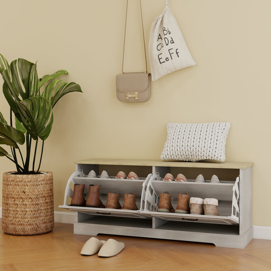 Shoe Storage Bench with 2 Flip Drawers and Adjustable Shelf