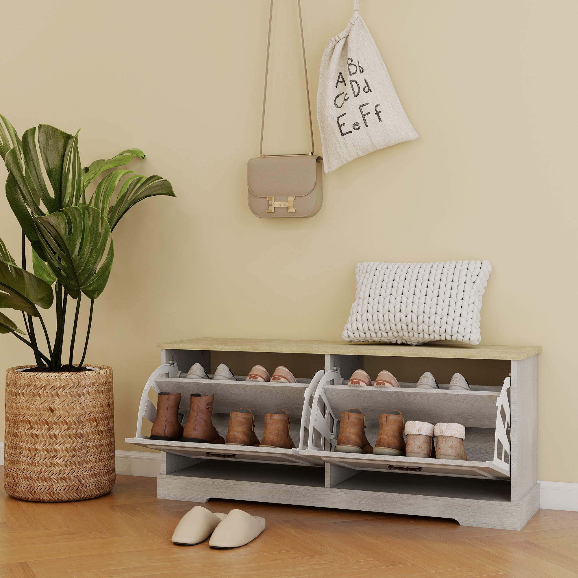 Shoe Storage Bench with 2 Flip Drawers and Adjustable Shelf