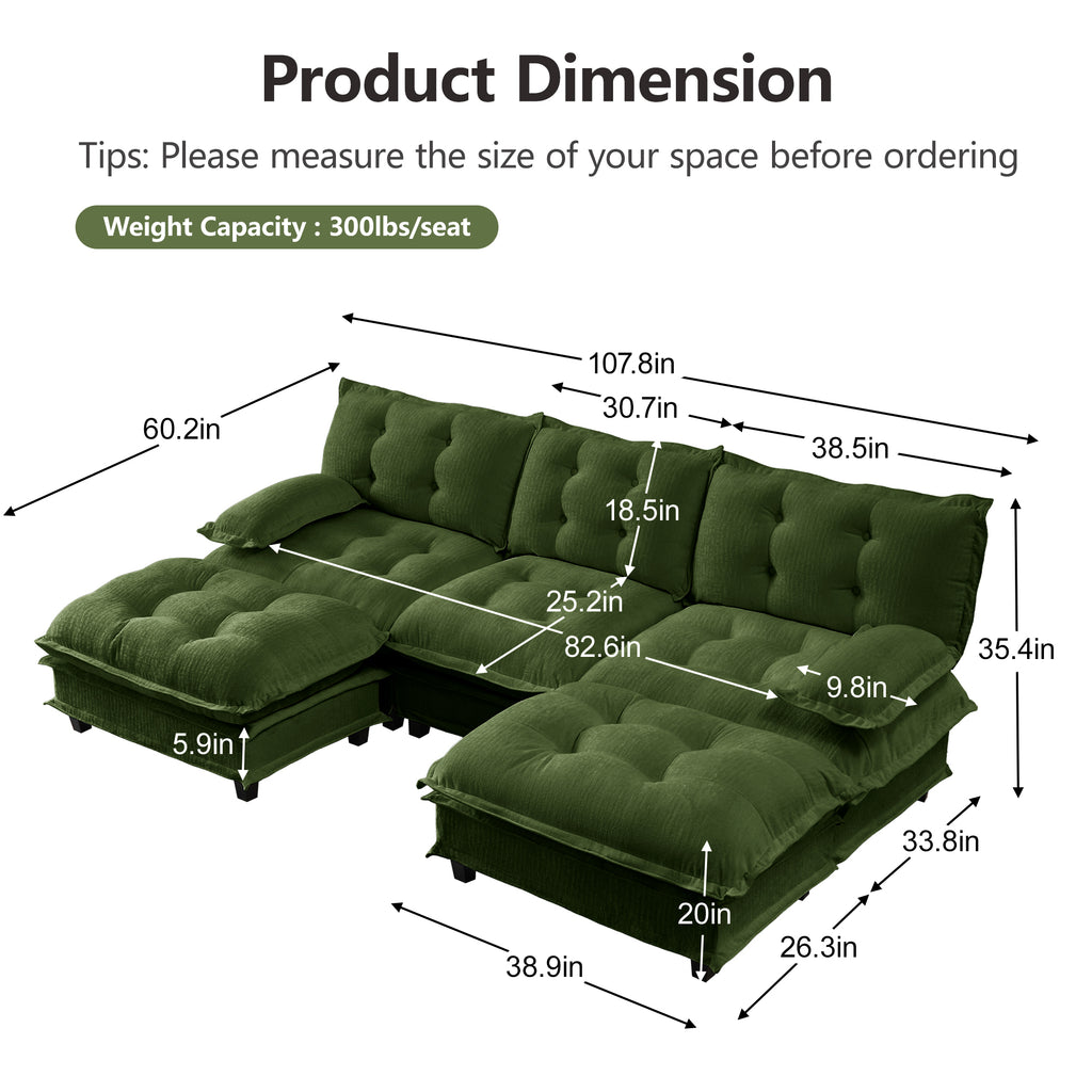 107" U Shaped Modern Sofa Modular Sectional Cloud Couch
