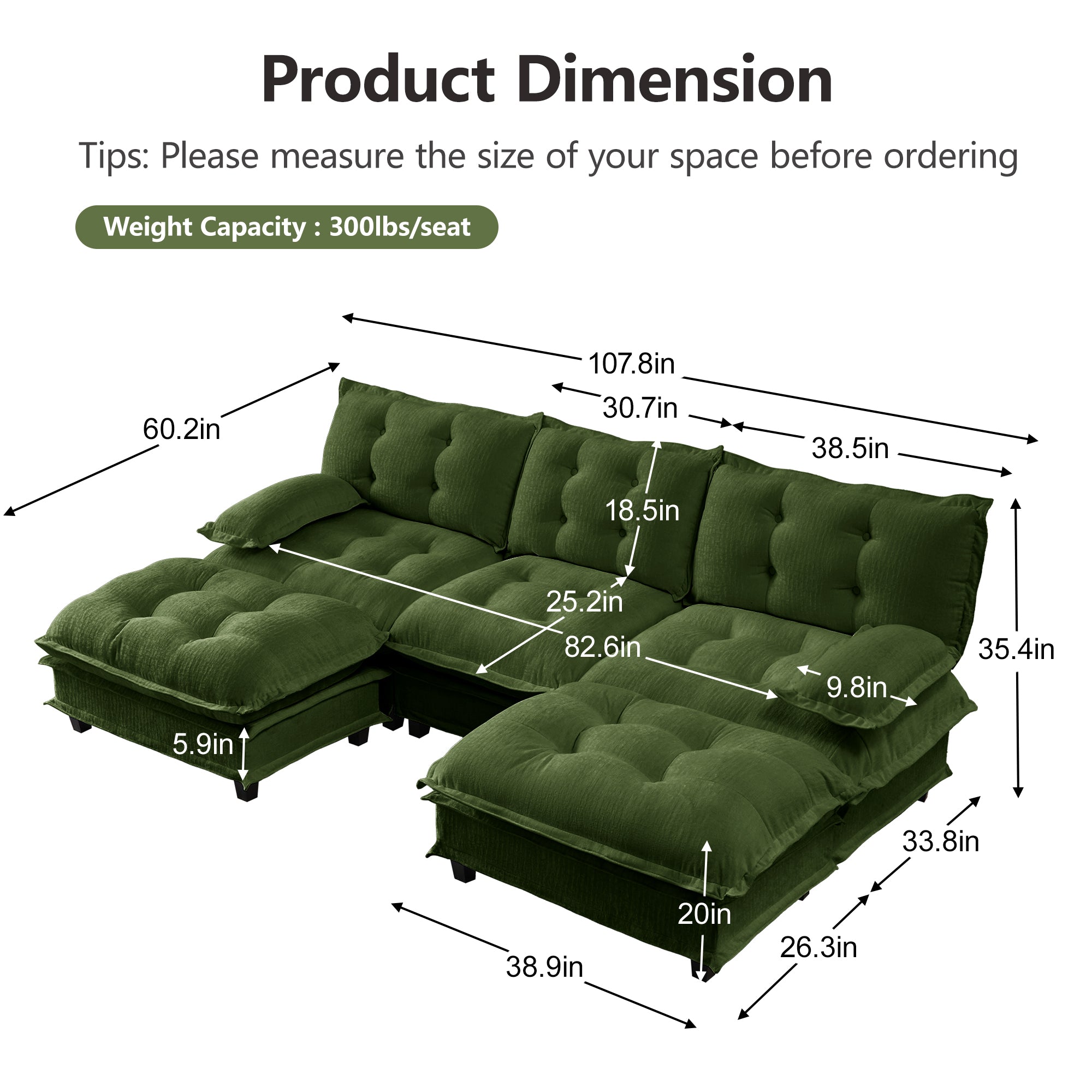107" U Shaped Modern Sofa Modular Sectional Cloud Couch