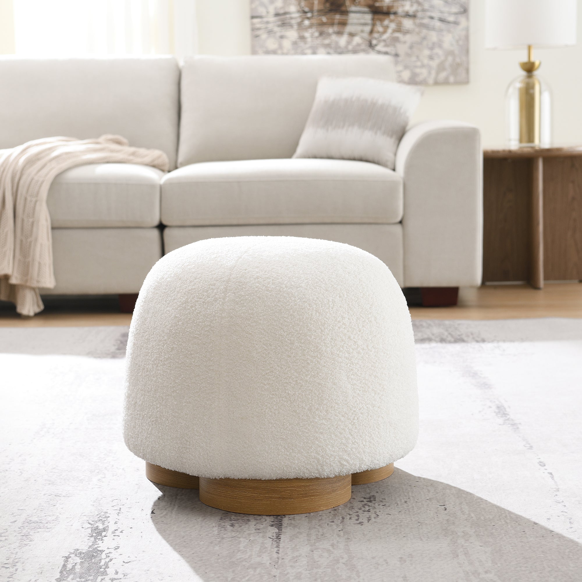 Fully Assembled Round Soft Teddy Fabric Upholstered Ottoman