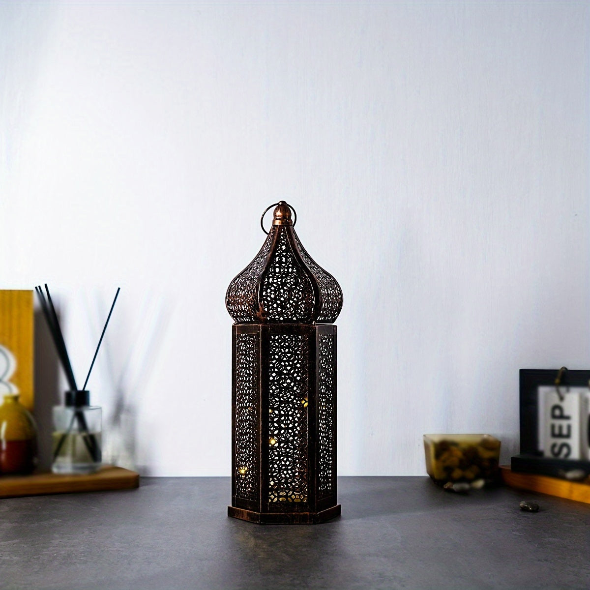 Moroccan LED Lantern Rustic Vintage Metal Table Lamp for Home Decor Boho Style