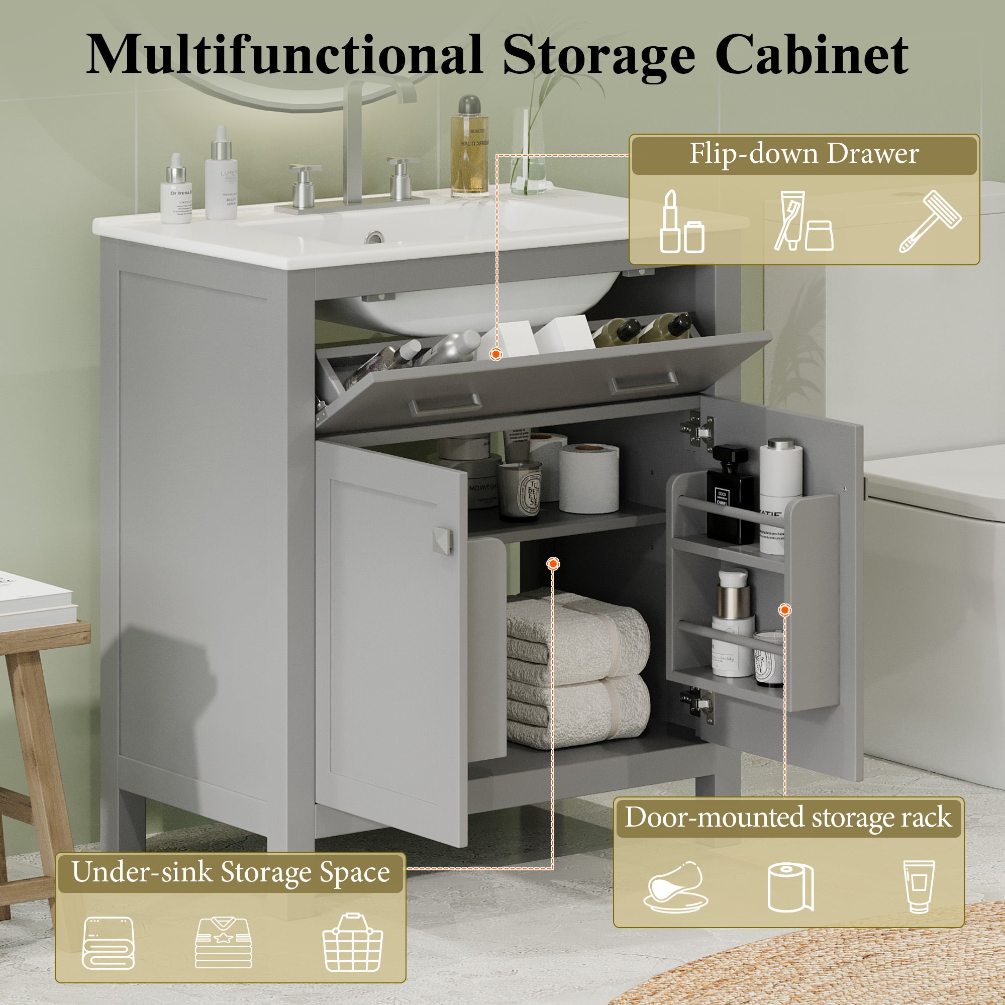 30" Bathroom Vanity with Ceramic Sink, Modern