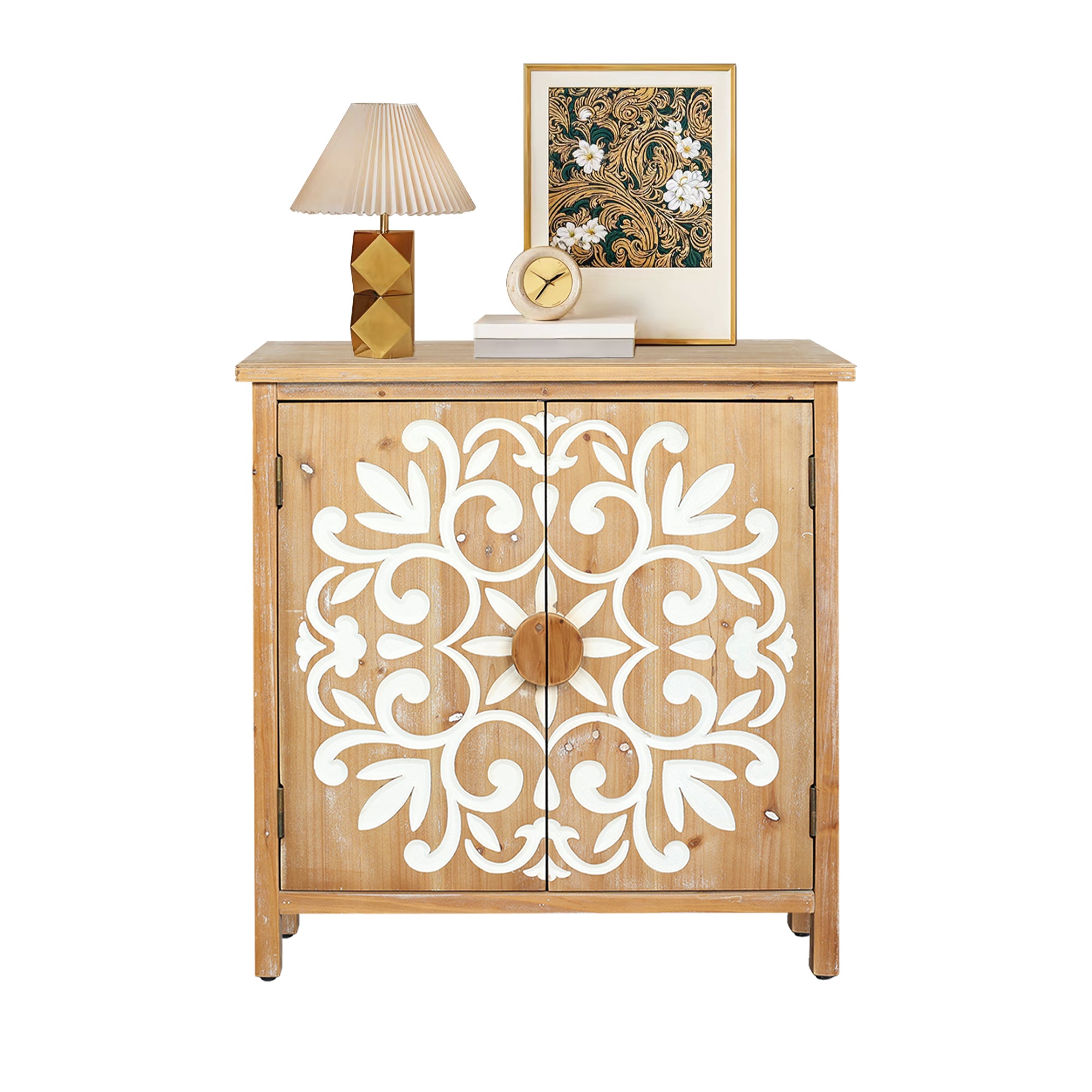 Rustic Wooden Accent Cabinet with Floral Carved Doors
