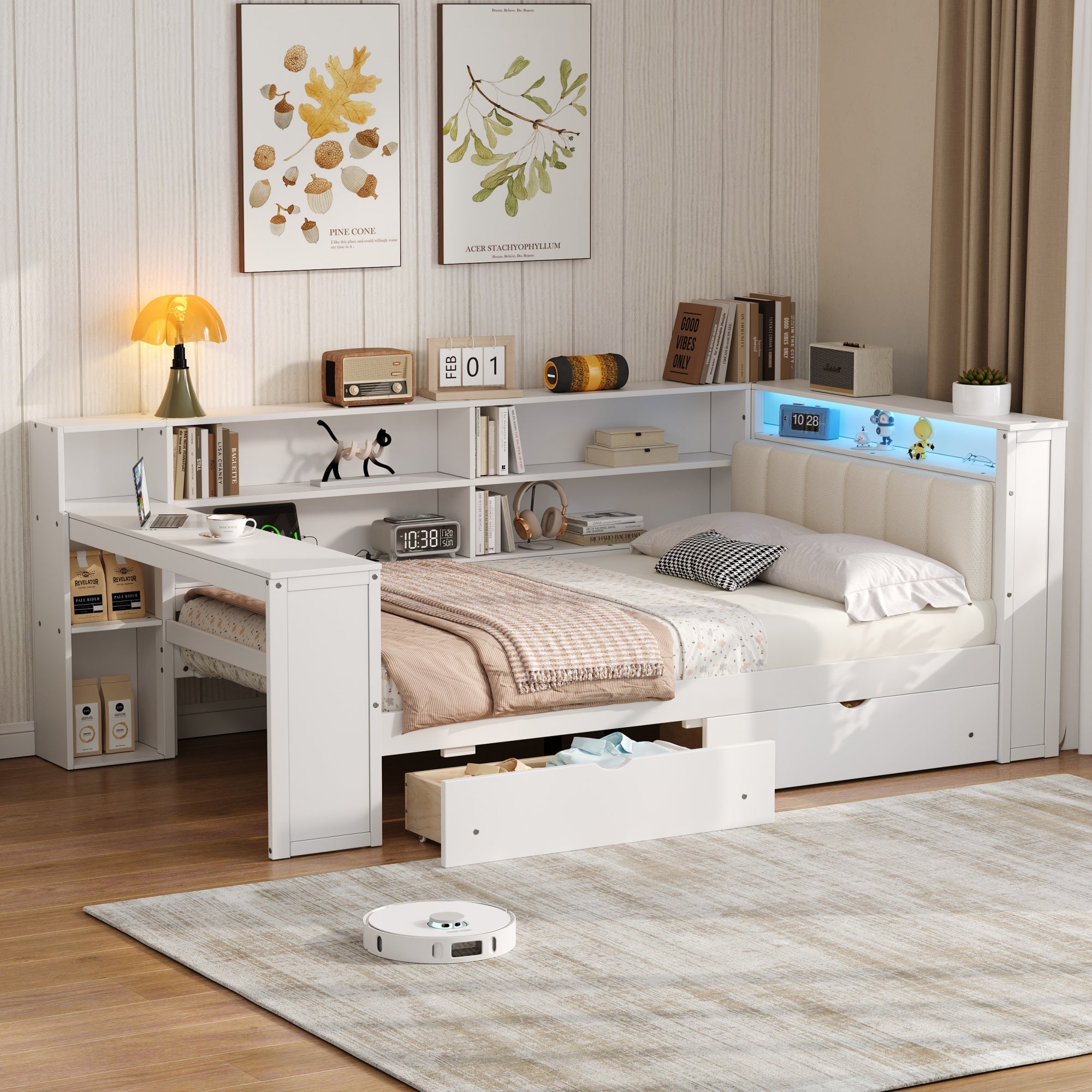 Wood Full Size Platform Bed with Storage Shelves and Charging Station