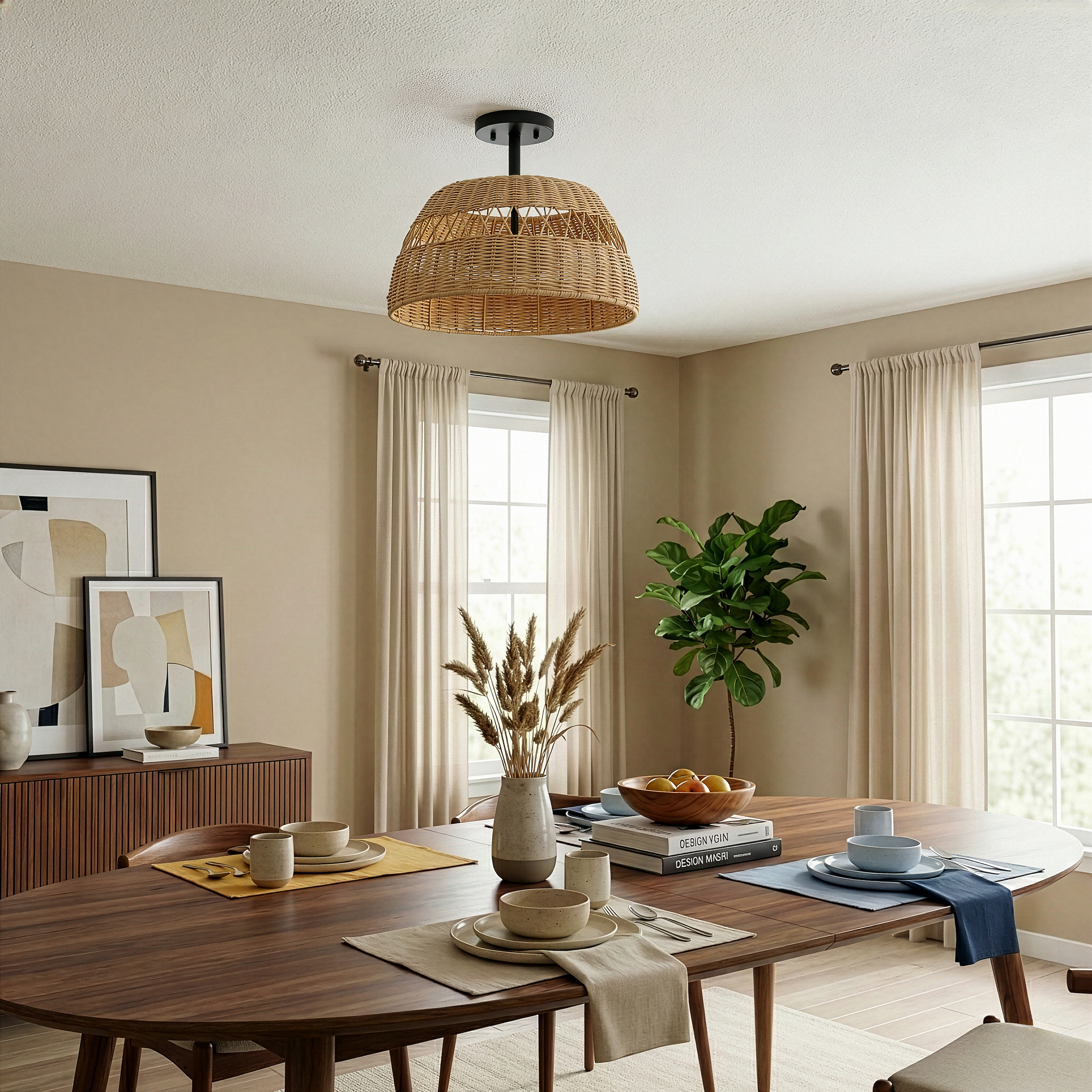 Twinkle Double Lights Semi Flush with Rattan Shade