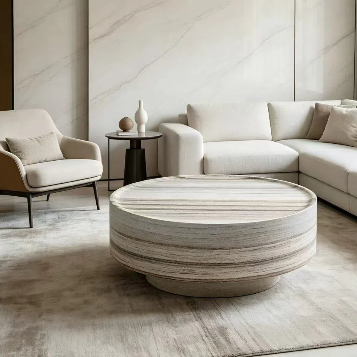 Round 31.5" Coffee Table, Light Gray Fiberglass with Stone Texture