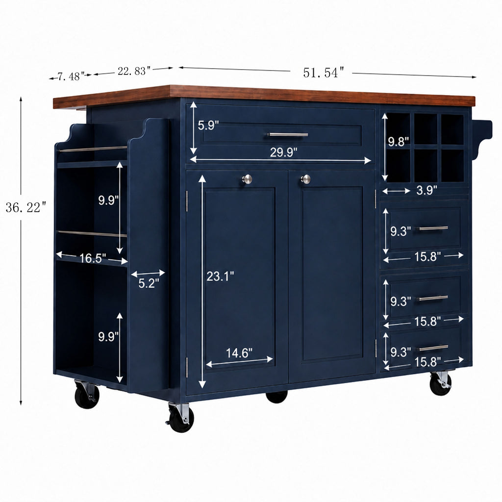 51.54" Rolling Kitchen Island Cart with Drop-Leaf