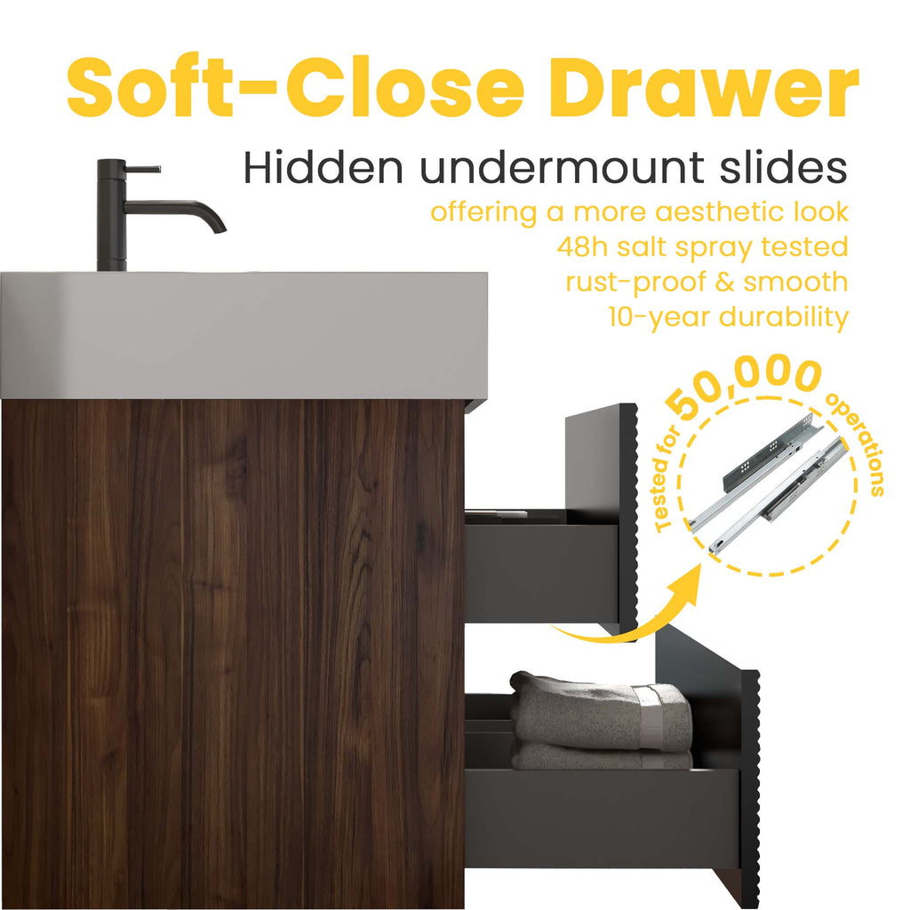 Grace 60-Inch Wall-Mounted Bathroom Vanity, Walnut and Black, Double Sink