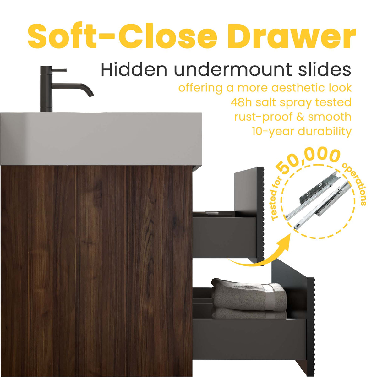 Grace 60-Inch Wall-Mounted Bathroom Vanity, Walnut and Black, Double Sink