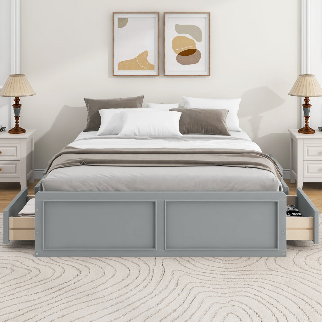 Wood Queen Size Platform Bed Frame with 6 Drawers