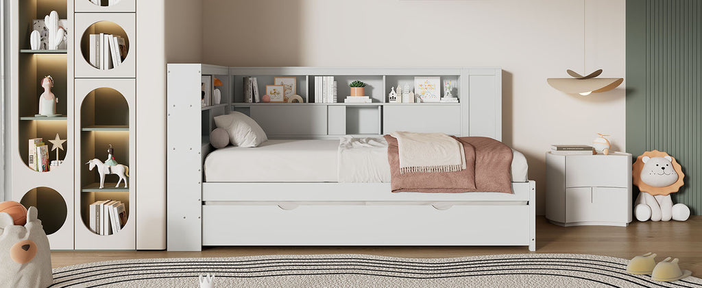 Twin Size Wood Daybed with Storage Shelves, USB and Trundle
