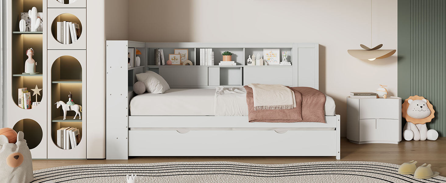 Twin Size Wood Daybed with Storage Shelves, USB and Trundle