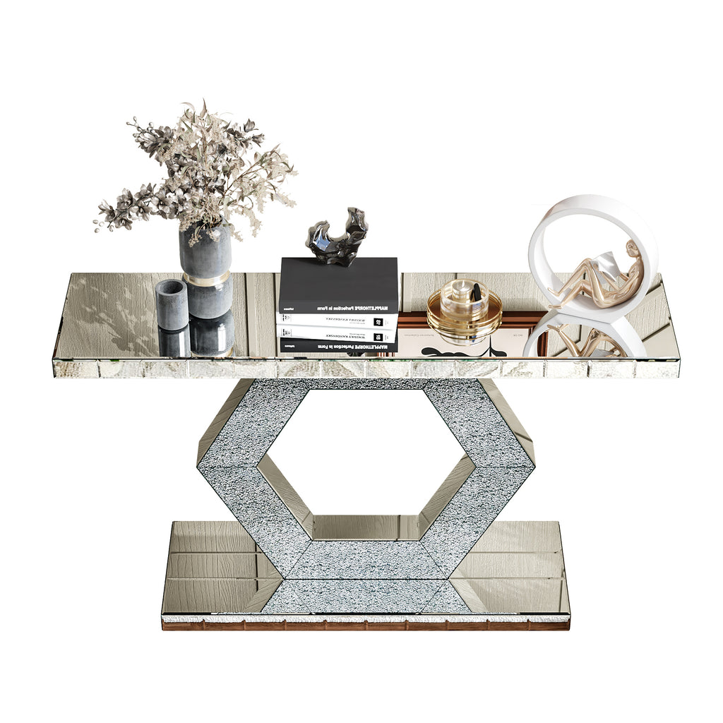 Sparkling Crystal Hexagon Mirror Entryway Console Table